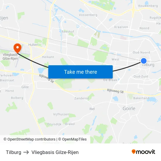 Tilburg to Vliegbasis Gilze-Rijen map