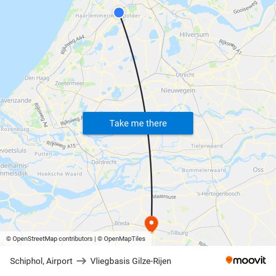 Schiphol, Airport to Vliegbasis Gilze-Rijen map