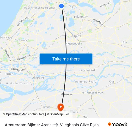 Amsterdam Bijlmer Arena to Vliegbasis Gilze-Rijen map