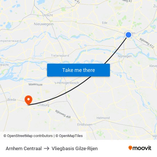 Arnhem Centraal to Vliegbasis Gilze-Rijen map