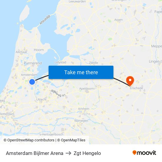 Amsterdam Bijlmer Arena to Zgt Hengelo map