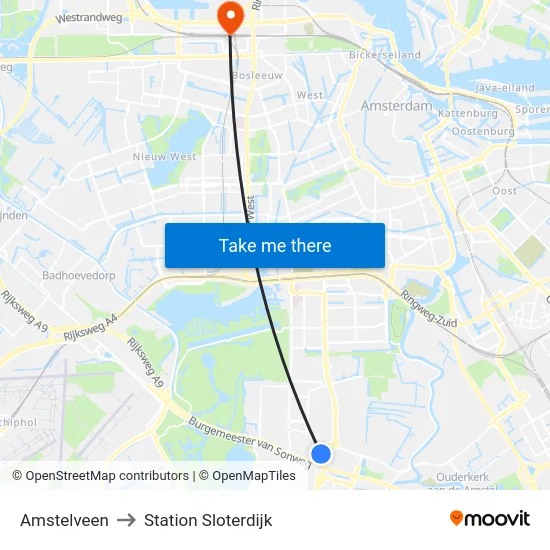 Amstelveen to Station Sloterdijk map