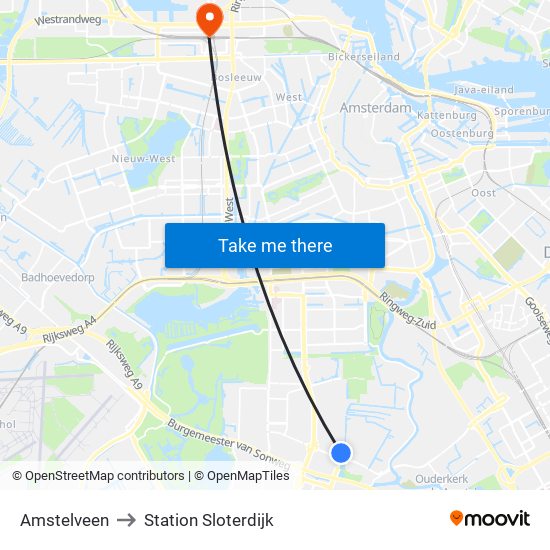 Amstelveen to Station Sloterdijk map