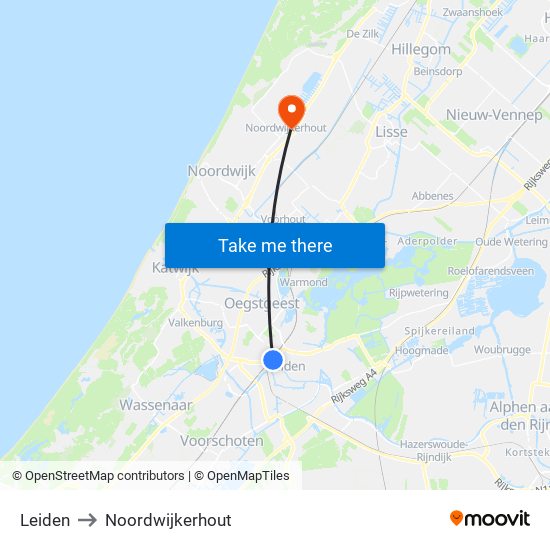 Leiden to Noordwijkerhout map