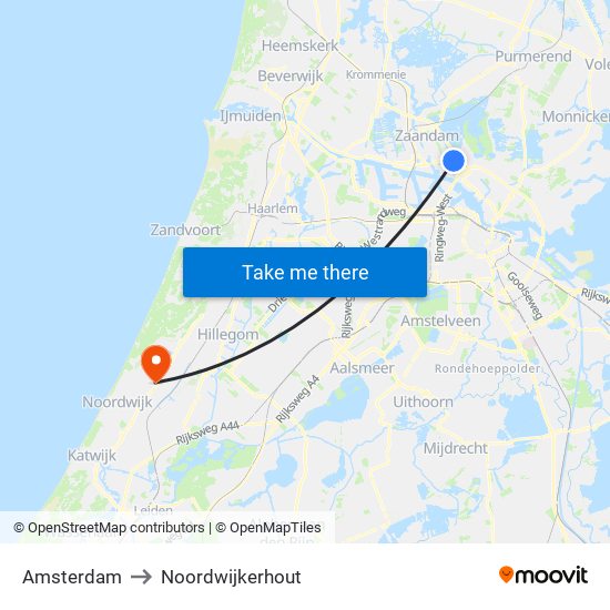 Amsterdam to Noordwijkerhout map