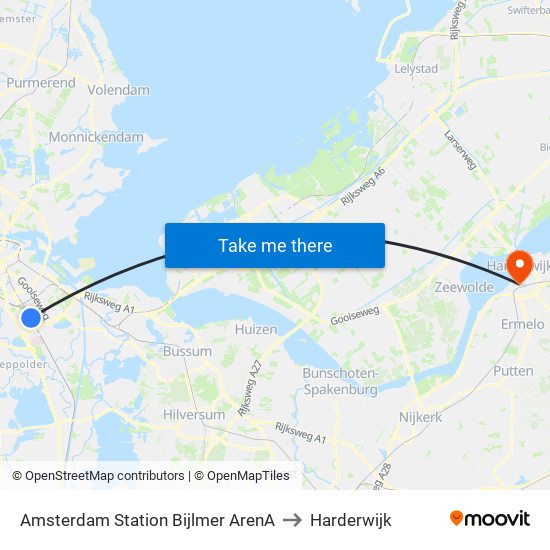 Amsterdam Station Bijlmer ArenA to Harderwijk map