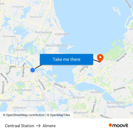 Centraal Station to Almere map