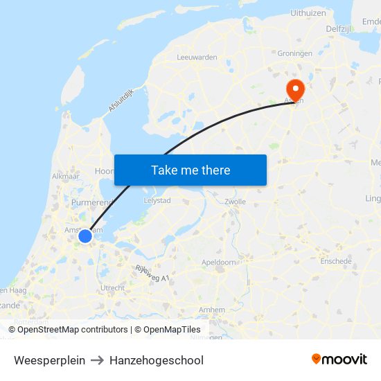 Weesperplein to Hanzehogeschool map