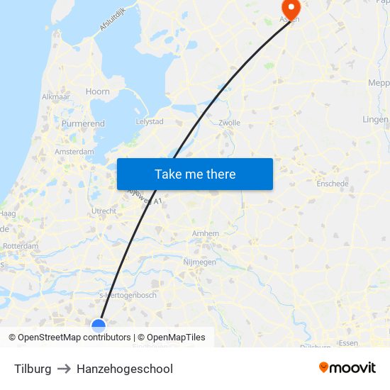 Tilburg to Hanzehogeschool map