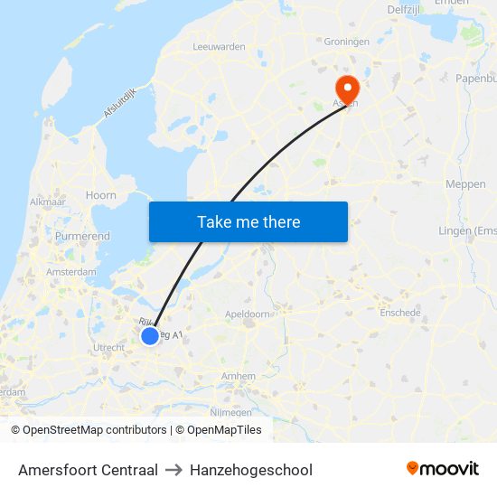 Amersfoort Centraal to Hanzehogeschool map