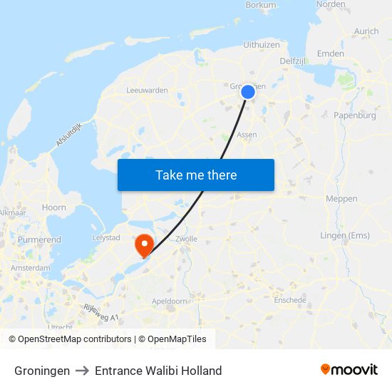 Groningen to Entrance Walibi Holland map