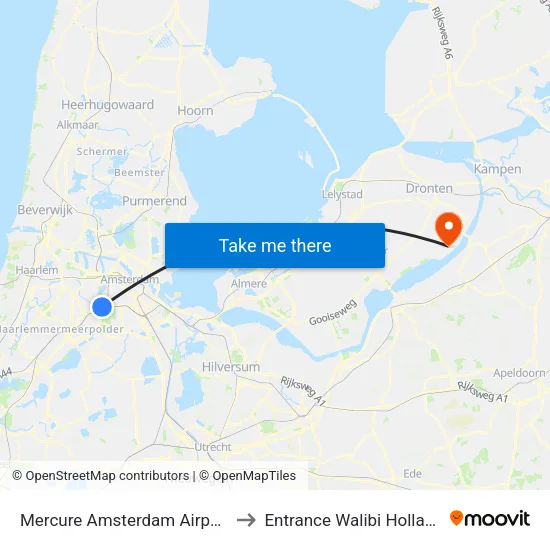 Mercure Amsterdam Airport to Entrance Walibi Holland map