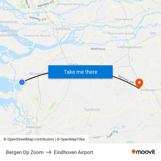 Bergen Op Zoom to Eindhoven Airport map