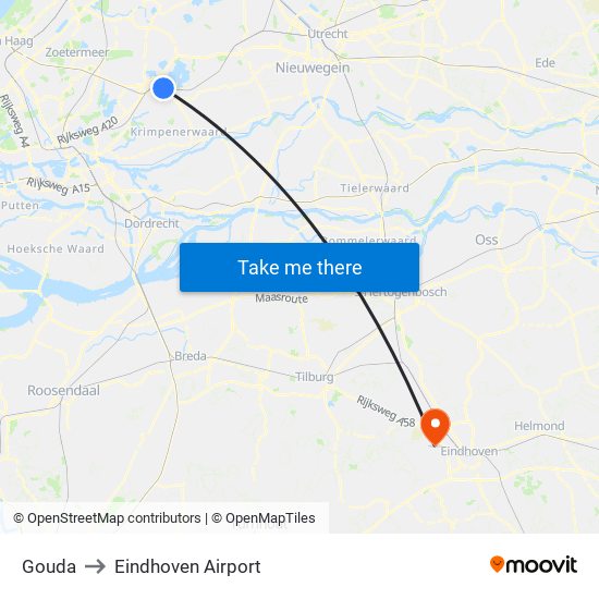 Gouda to Eindhoven Airport map