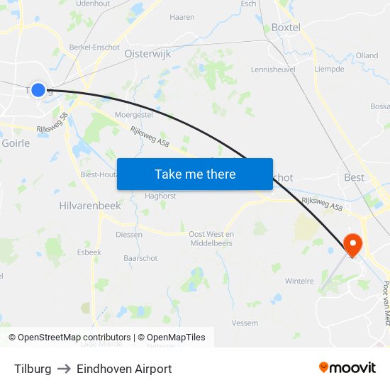 Tilburg to Eindhoven Airport map