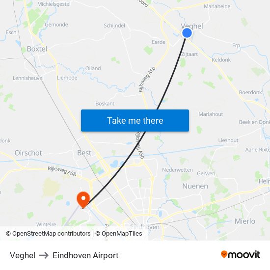 Veghel to Eindhoven Airport map