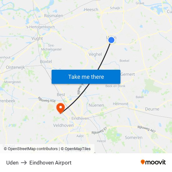 Uden to Eindhoven Airport map