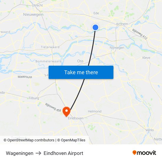 Wageningen to Eindhoven Airport map