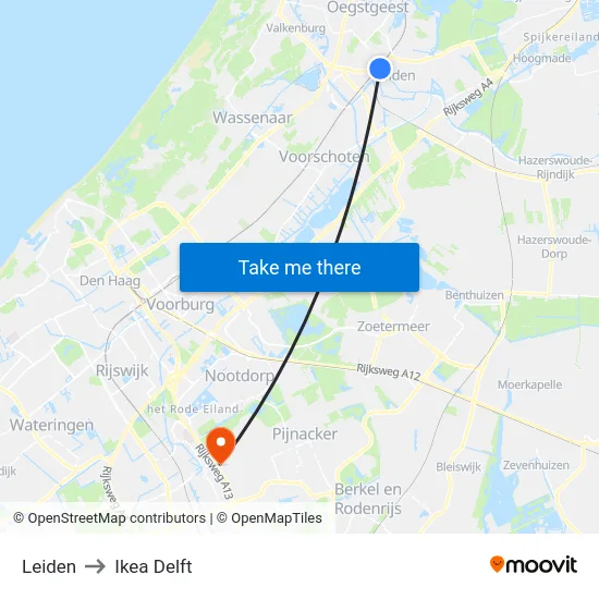 Leiden to Ikea Delft map