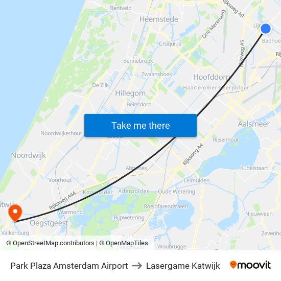 Park Plaza Amsterdam Airport to Lasergame Katwijk map