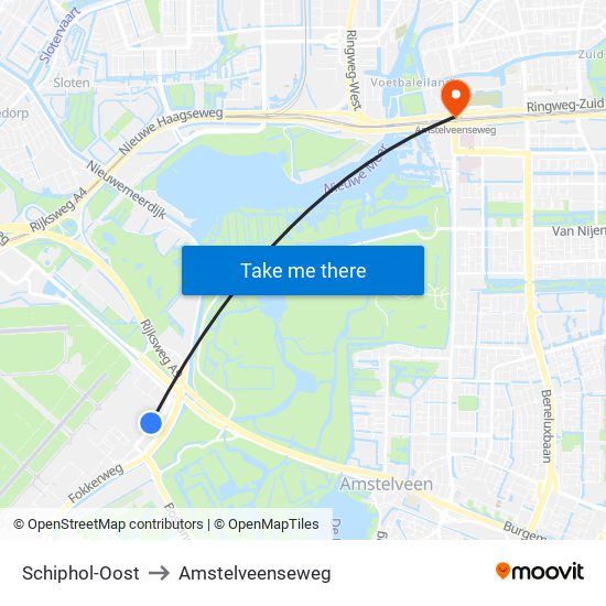 Schiphol-Oost to Amstelveenseweg map