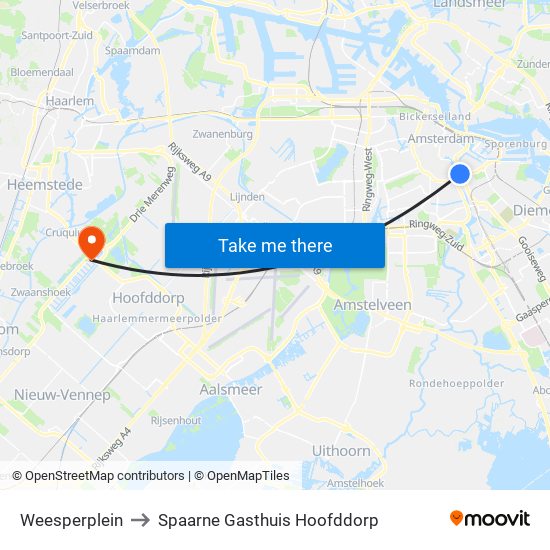 Weesperplein to Spaarne Gasthuis Hoofddorp map