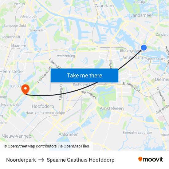 Noorderpark to Spaarne Gasthuis Hoofddorp map