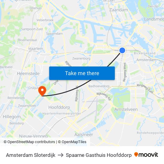 Amsterdam Sloterdijk to Spaarne Gasthuis Hoofddorp map