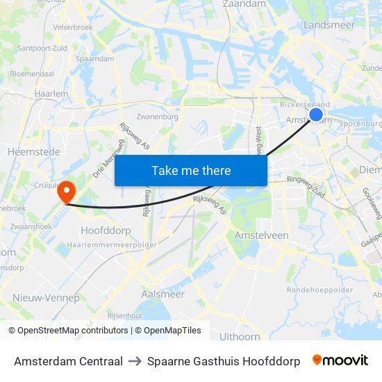 Amsterdam Centraal to Spaarne Gasthuis Hoofddorp map