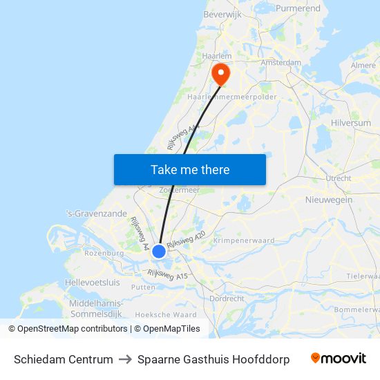 Schiedam Centrum to Spaarne Gasthuis Hoofddorp map