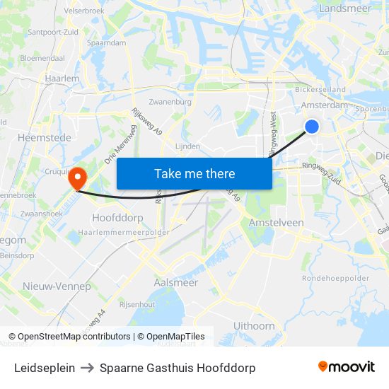 Leidseplein to Spaarne Gasthuis Hoofddorp map