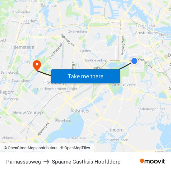 Parnassusweg to Spaarne Gasthuis Hoofddorp map