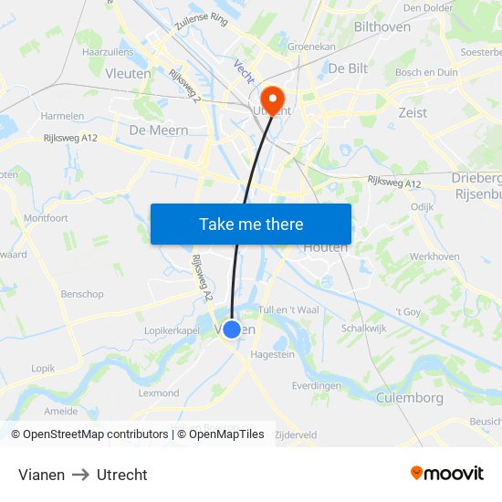 Vianen to Utrecht map