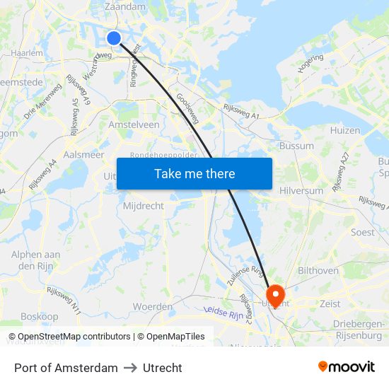 Port of Amsterdam to Utrecht map