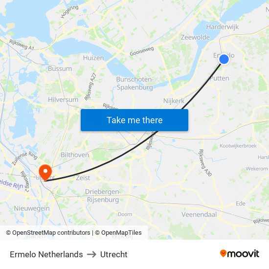 Ermelo Netherlands to Utrecht map