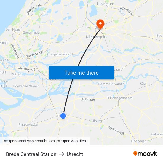 Breda Centraal Station to Utrecht map