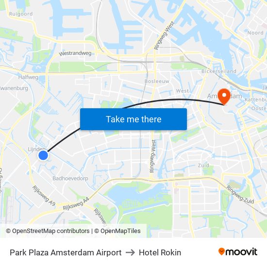 Park Plaza Amsterdam Airport to Hotel Rokin map