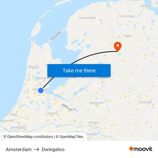 Amsterdam to Dwingeloo map