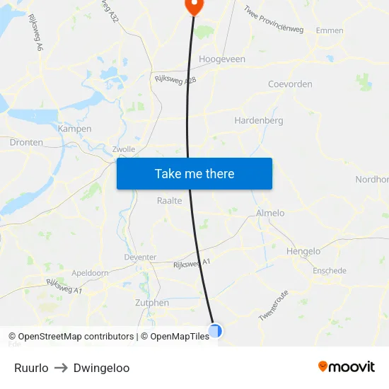Ruurlo to Dwingeloo map