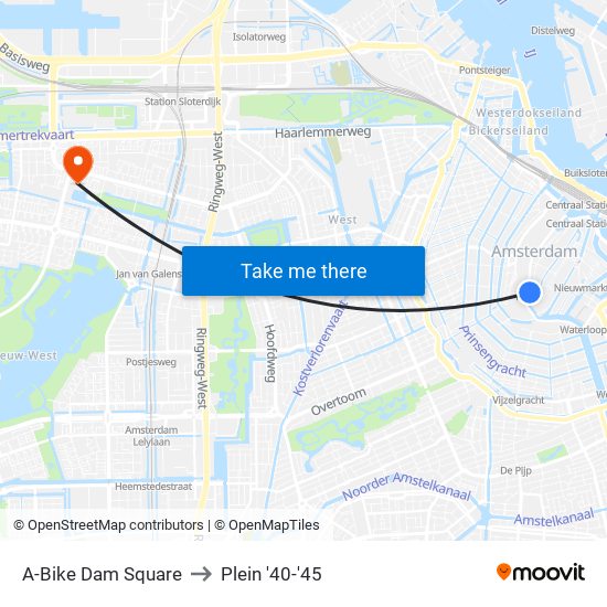 A-Bike Dam Square to Plein '40-'45 map