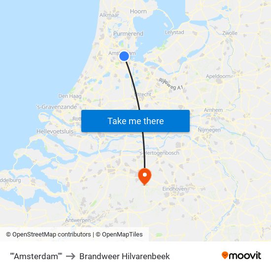 ""Amsterdam"" to Brandweer Hilvarenbeek map