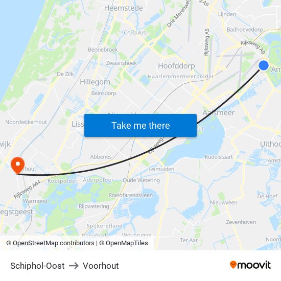 Schiphol-Oost to Voorhout map