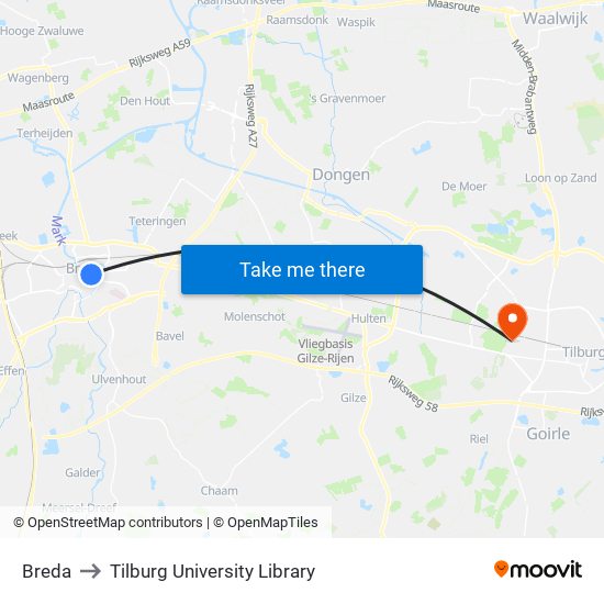 Breda to Tilburg University Library map