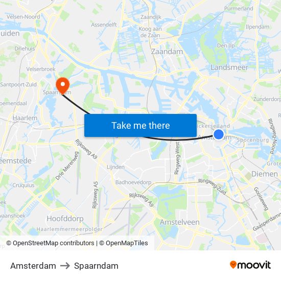 Amsterdam to Spaarndam map