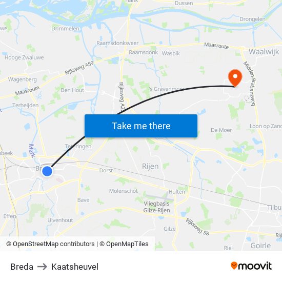Breda to Kaatsheuvel map