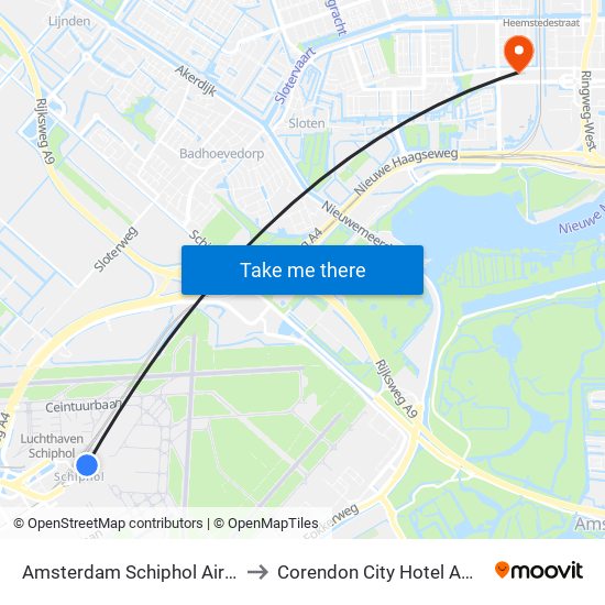 Amsterdam Schiphol Airport AMS to Corendon City Hotel Amsterdam map