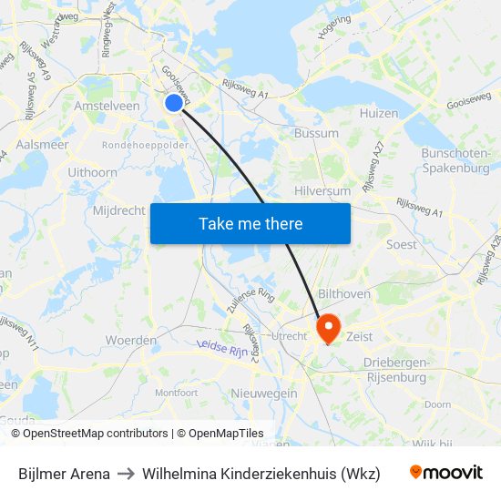 Bijlmer Arena to Wilhelmina Kinderziekenhuis (Wkz) map