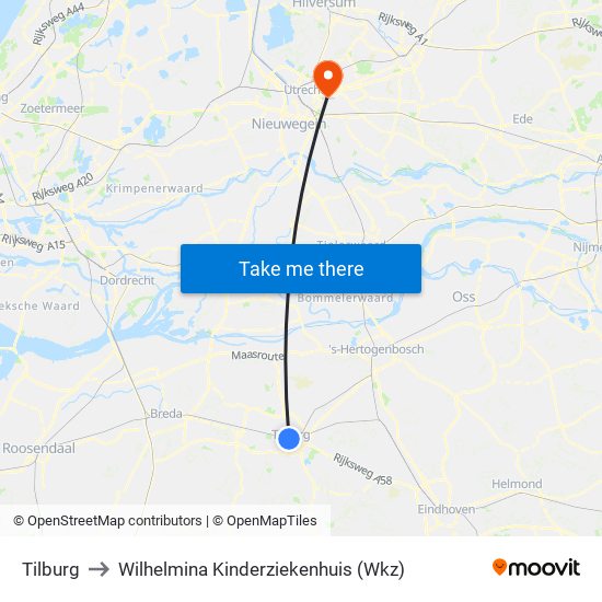 Tilburg to Wilhelmina Kinderziekenhuis (Wkz) map
