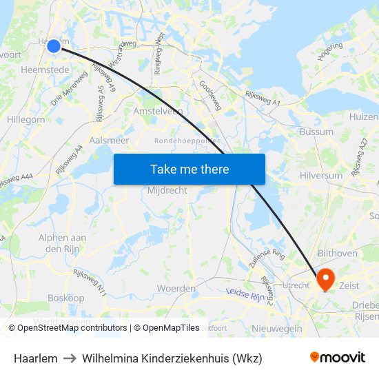 Haarlem to Wilhelmina Kinderziekenhuis (Wkz) map