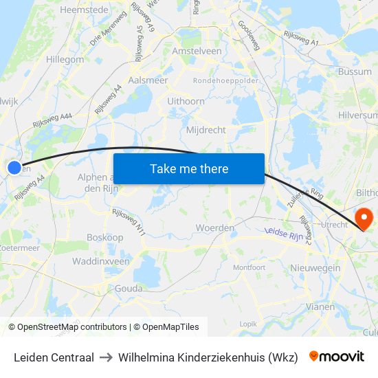 Leiden Centraal to Wilhelmina Kinderziekenhuis (Wkz) map